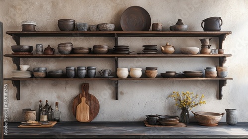 Wallpaper Mural A series of mud pottery utensils displayed on shelves in a contemporary kitchen setup. Torontodigital.ca