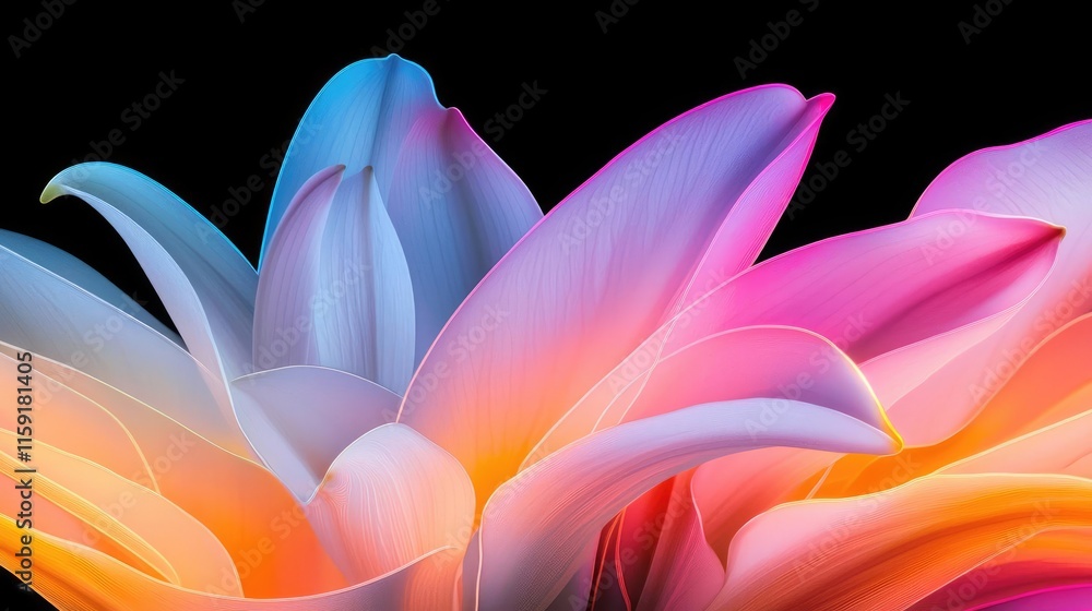 Lily leaves abstract background concept. Beautiful, vibrant flower petals in shades of blue, pink, and orange against a dark background. Lily leaves abstract background concept. Beautiful, vibrant flower petals in shades of blue, pink, and orange against a dark background.