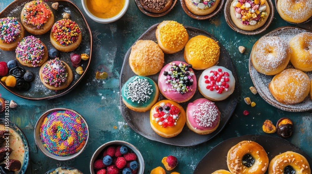 A colorful arrangement of Sufganiyot, each with its own creative filling and topping, presented in a luxurious Hanukkah-themed spread A colorful arrangement of Sufganiyot, each with its own creative filling and topping, presented in a luxurious Hanukkah-themed spread