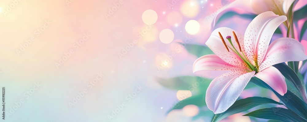 Lily leaves abstract background concept. A stunning close-up of a pink lily flower surrounded by colorful bokeh background. Lily leaves abstract background concept. A stunning close-up of a pink lily flower surrounded by colorful bokeh background.