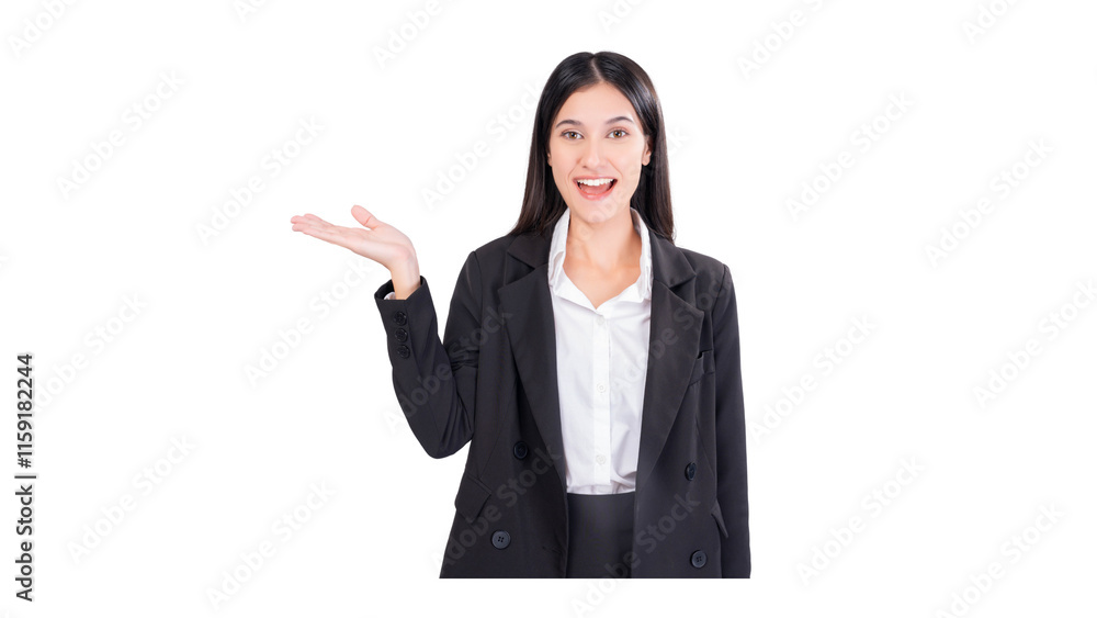 Excited young businesswoman in black suit smiling and gesturing with one hand, presenting or showcasing something. Perfect for corporate, promotional, or professional concepts Excited young businesswoman in black suit smiling and gesturing with one hand, presenting or showcasing something. Perfect for corporate, promotional, or professional concepts