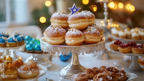 A creative Hanukkah dessert table featuring Sufganiyot alongside other holiday treats, styled with bright festive elements and traditional symbols photo