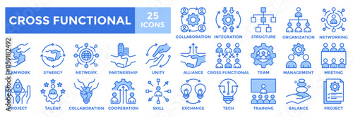 Cross functional icon collection set. Containing teamwork, collaboration, skill, project, management and integration icon. Simple blue vector illustration.