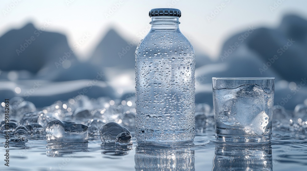Cold water bottle and glass with ice on icy surface. Cold water bottle and glass with ice on icy surface.