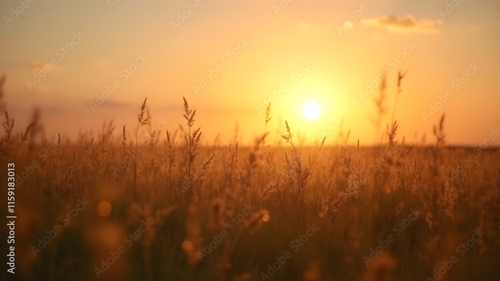 Obraz premium Golden Sunset Field Tall Grass Silhouette Warm Colors Landscape