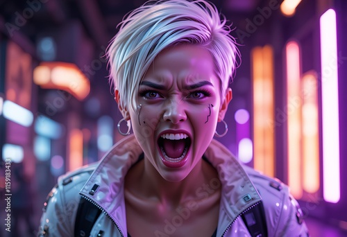 Angry Cyberpunk Woman in Neon Lit Alleyway. Generative AI