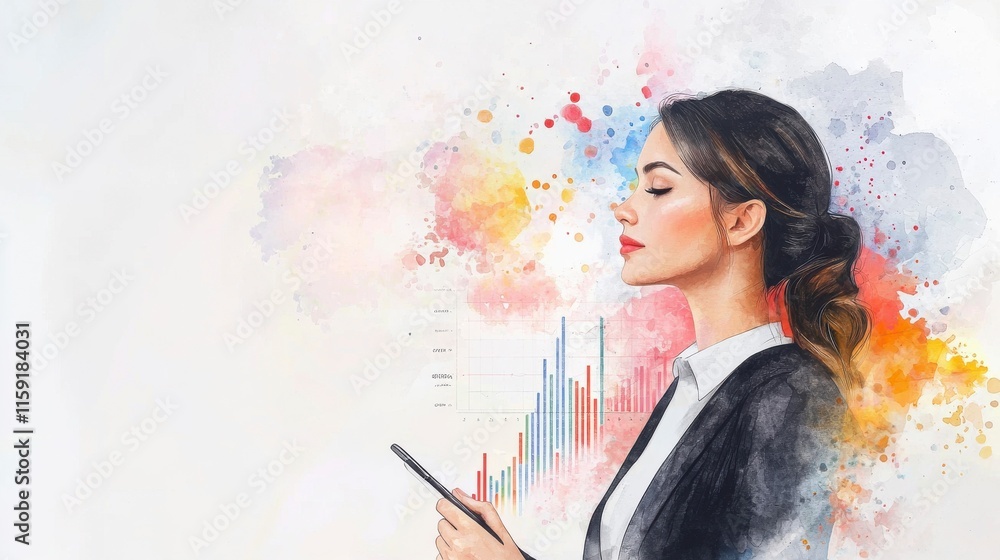 Fototapeta premium Elegant Businesswoman in Soft Watercolor Tones Holding a Smartphone with Abstract Data Graphs and Colorful Splashes in the Background