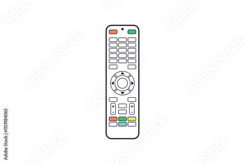 Remote control with green and red buttons on top. The remote control has a white background. The remote control has a simple design with a few buttons.