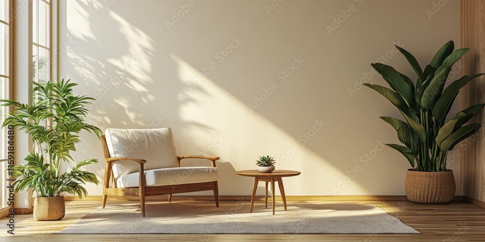 Cozy living room with natural light and greenery creating a relaxing atmosphere Cozy living room with natural light and greenery creating a relaxing atmosphere