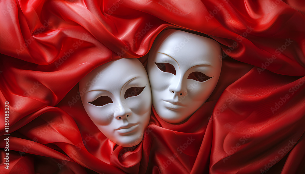 Theater arts. White masks on red fabric, above view Theater arts. White masks on red fabric, above view