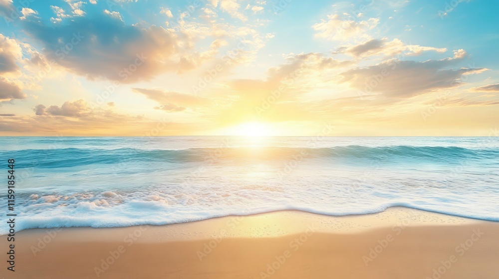 Golden sand beach with vibrant blue ocean under a stunning sunset sky and soft cloudscape – perfect summer or spring coastal landscape Golden sand beach with vibrant blue ocean under a stunning sunset sky and soft cloudscape – perfect summer or spring coastal landscape