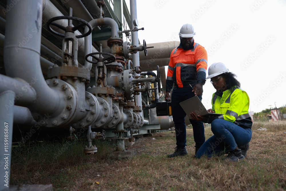 custom made wallpaper toronto digitalBlack male and female technicians examining pipes at the refinery
