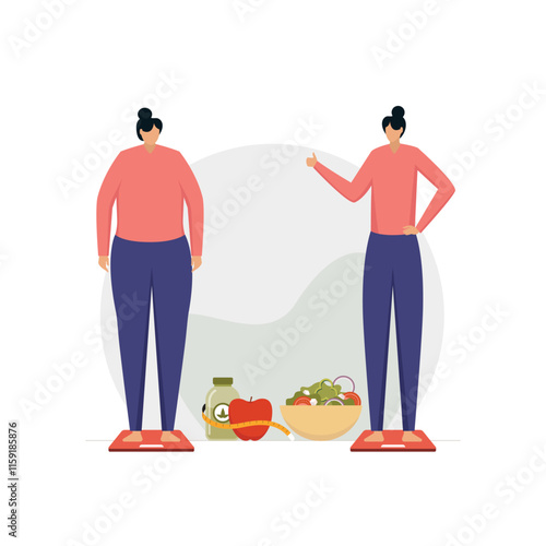 Weight loss concept, young sad woman with overweight and same happy woman with slim body, standing on the scales.