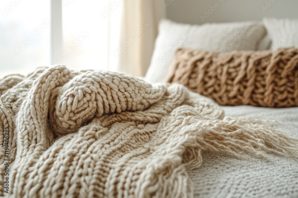 Cozy knitted blanket on bed creating a warm and inviting atmosphere in a serene room Cozy knitted blanket on bed creating a warm and inviting atmosphere in a serene room
