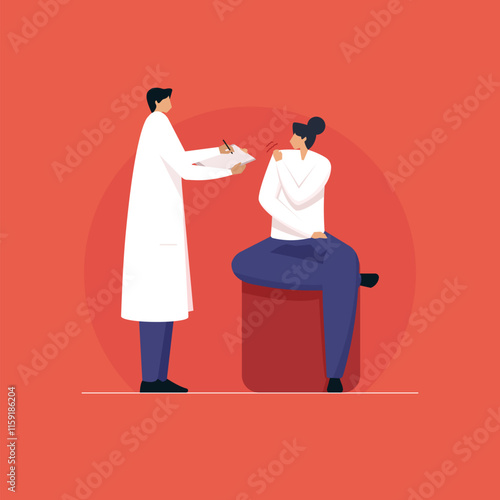 Person talk about shoulder problem to doctor or physiotherapist, rehabilitation center concept