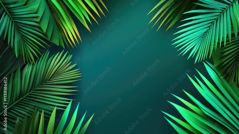 Obraz premium Palm tree abstract background idea. Vibrant green palm leaves frame a serene turquoise background, perfect for tropical themes.