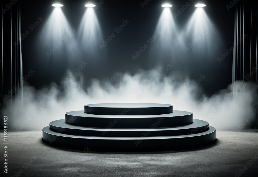 Fototapeta premium Black Podium with Smoke and Spotlight - Dramatic Abstract Stage for Product Display in Dark Studio. Created with generative AI technology