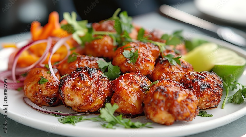 A beautifully arranged plate showcases crispy chicken A beautifully arranged plate showcases crispy chicken