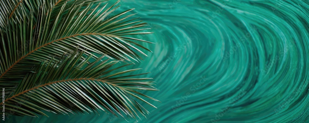 Obraz premium Palm tree abstract background idea. A vibrant green background with a palm leaf showcasing tropical beauty and tranquility.