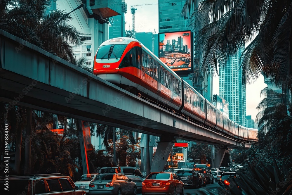 Naklejka premium Trains travel through urban and tropical landscapes with vibrant surroundings. Public transport. AI generated image