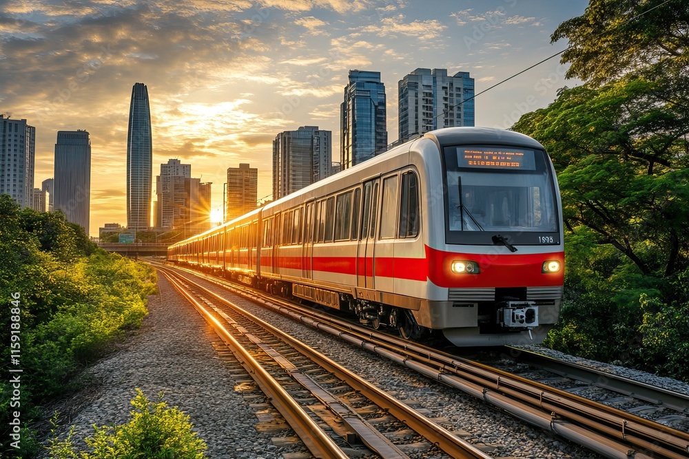 Naklejka premium Trains travel through urban and tropical landscapes with vibrant surroundings. Public transport. AI generated image