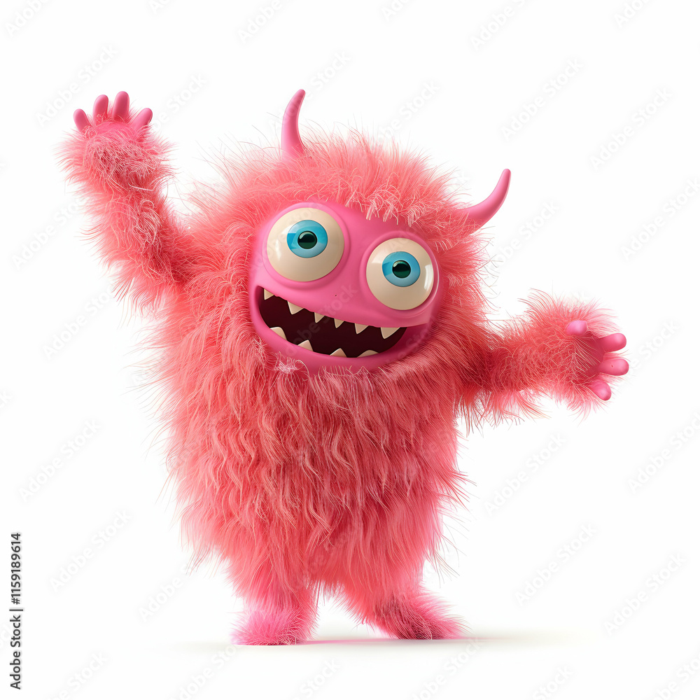 Cute Pink Monster with Big Eyes and Happy Smile on White Background Cute Pink Monster with Big Eyes and Happy Smile on White Background