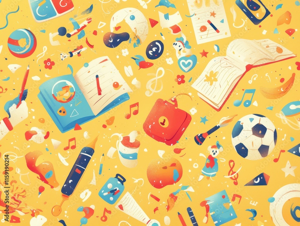 A colorful pattern featuring various school and leisure items. A colorful pattern featuring various school and leisure items.
