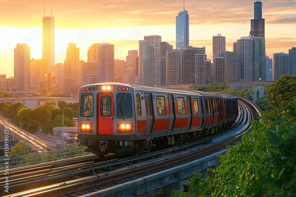 Naklejka premium Trains travel through urban and tropical landscapes with vibrant surroundings. Public transport. AI generated image