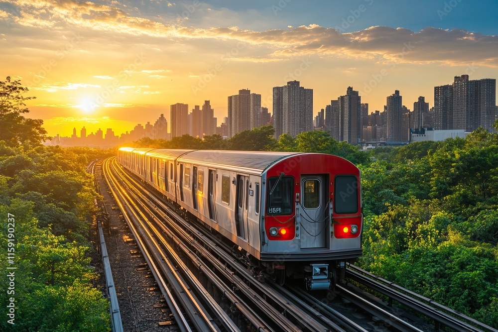 Obraz premium Trains travel through urban and tropical landscapes with vibrant surroundings. Public transport. AI generated image