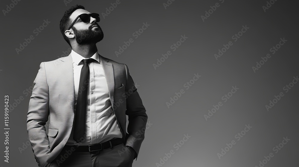 Refined Gentleman in Monochrome Fashion with Sunglasses and Stylish Suit Refined Gentleman in Monochrome Fashion with Sunglasses and Stylish Suit