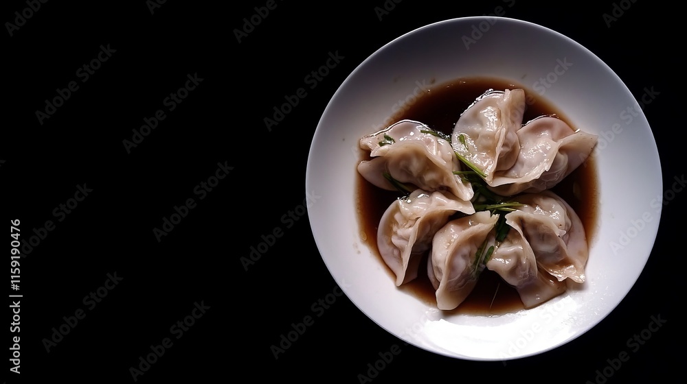Delicate Steamed Dumplings Served on a Plate with Soy Sauce Garnish and Fresh Herbs Delicate Steamed Dumplings Served on a Plate with Soy Sauce Garnish and Fresh Herbs