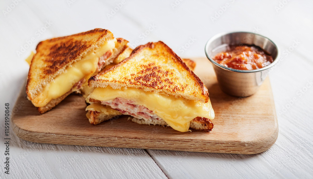Hot croque monsieur, French ham and grilled cheese sandwich on wooden board. Fast food. Tasty snack Hot croque monsieur, French ham and grilled cheese sandwich on wooden board. Fast food. Tasty snack