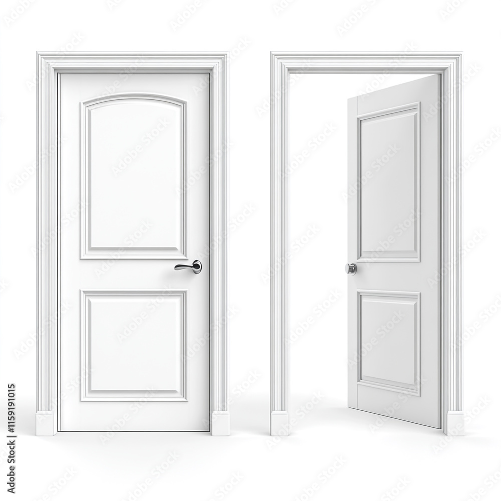 Two white panel doors, one closed and one open, cut out isolated on white background. Two white panel doors, one closed and one open, cut out isolated on white background.