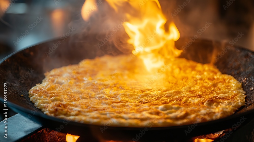 Golden Thai Style Omelette Cooking with Flames and Steam in a Pan Over High Heat