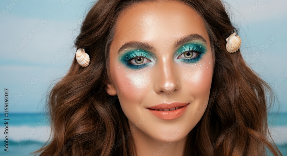 Glamorous young caucasian female with ocean inspired makeup for summer beach theme Glamorous young caucasian female with ocean inspired makeup for summer beach theme
