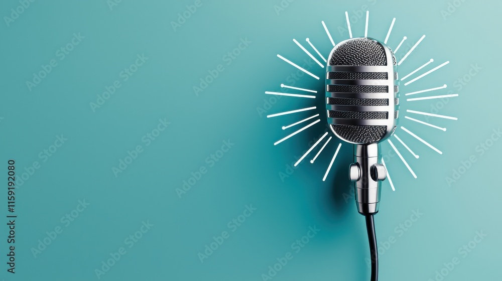 Retro Microphone with Radiating Sound Waves on a Trendy Teal Background, Ideal for Music, Broadcasting, and Creative Projects in Modern Design Aesthetics