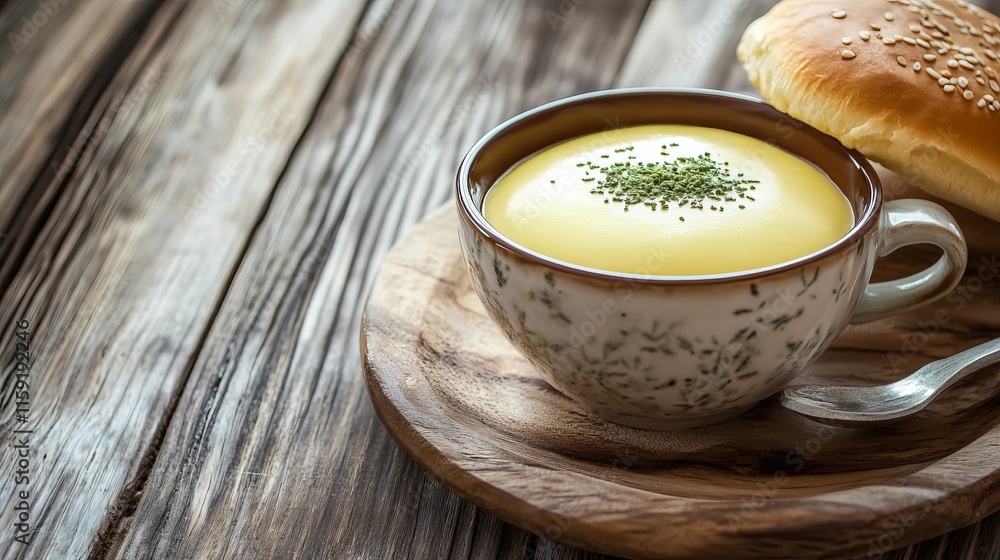 Smooth and Creamy Thai Custard Dessert in Elegant Bowl with Soft Bread Roll Smooth and Creamy Thai Custard Dessert in Elegant Bowl with Soft Bread Roll