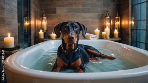 Doberman takes a bath, dog spa