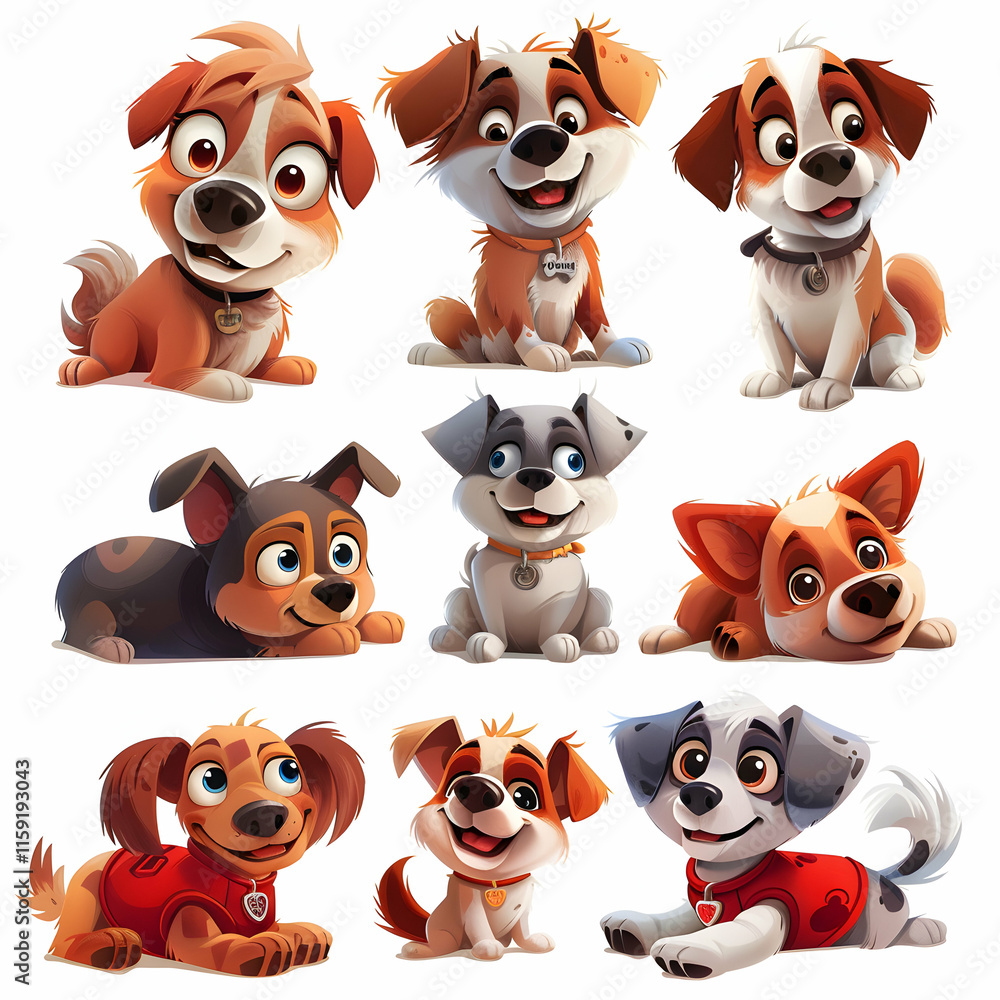 Cute Cartoon Puppies with Playful Expressions and Colors Cute Cartoon Puppies with Playful Expressions and Colors