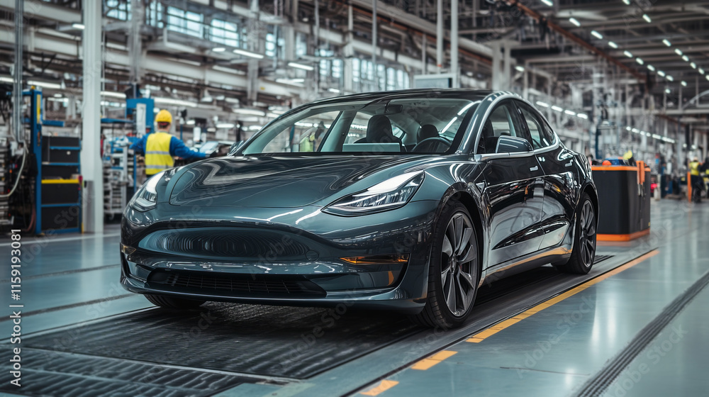 Electric Car Assembly Line with Workers in Modern Factory Setting Electric Car Assembly Line with Workers in Modern Factory Setting