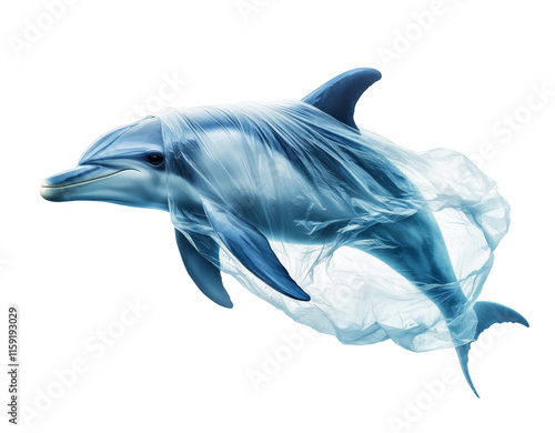 A dolphin entangled in plastic waste is isolated on a transparent background, symbolizing ocean pollution. photo