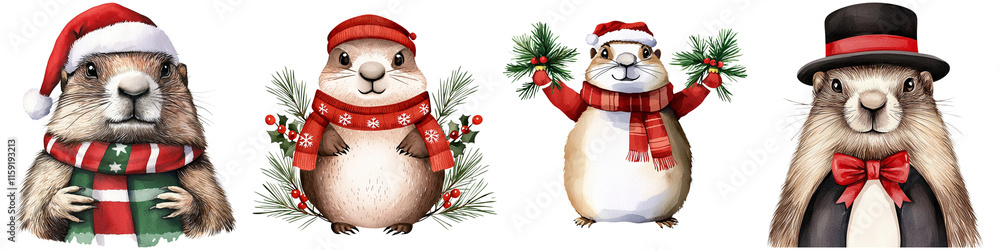 Groundhog Day and tradition event, Four festive animals wearing holiday attire, including Santa hats and scarves, each holding decorations or displaying cheerful poses. Groundhog Day and tradition event, Four festive animals wearing holiday attire, including Santa hats and scarves, each holding decorations or displaying cheerful poses.