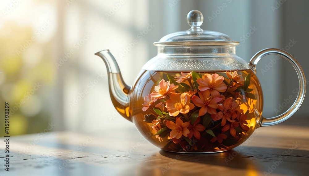 A glass teapot filled with blooming tea, illuminated by soft natural light. A glass teapot filled with blooming tea, illuminated by soft natural light.