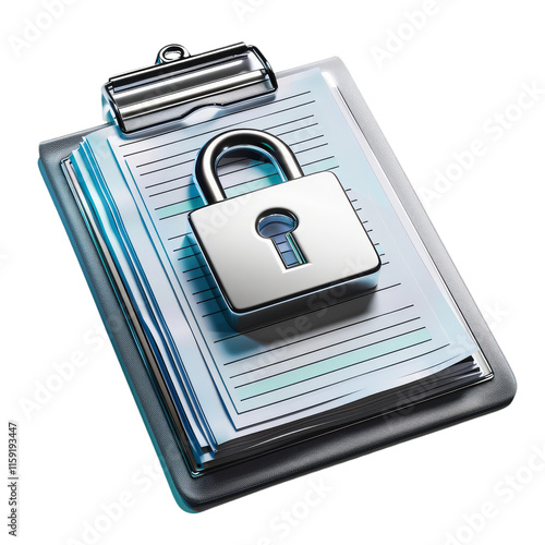 A padlock resting on a clipboard with lined paper, symbolizing data security, is isolated on a transparent background.