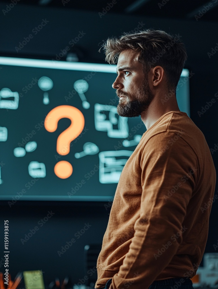 A focused man in an office environment contemplates a digital display filled with creative ideas and connections. A focused man in an office environment contemplates a digital display filled with creative ideas and connections.