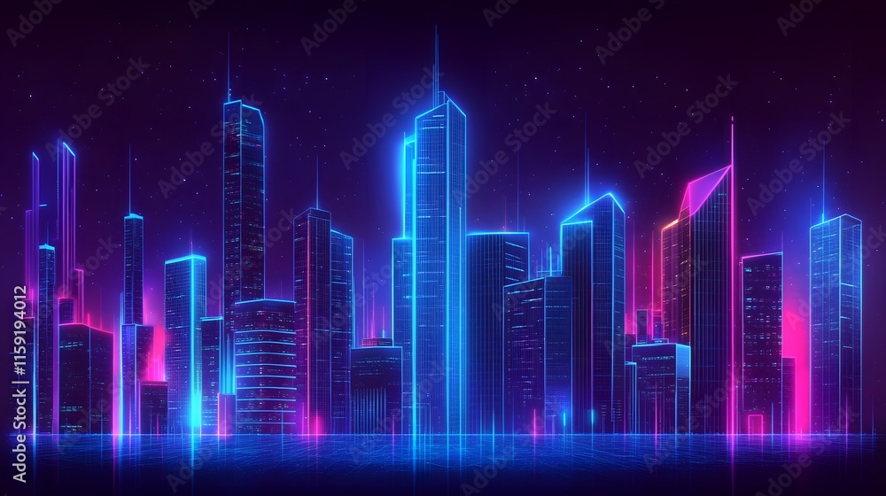 Fototapeta premium Neon Cityscape at Night Illuminated Towers and Skyscrapers