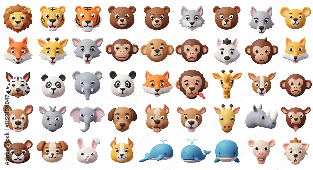 Obraz premium All Animals Vector Icons. Emoji Set. Colorful Wildlife Symbols. Animal Face, Head Emojis, Emoticons Set, Collection – Vector 