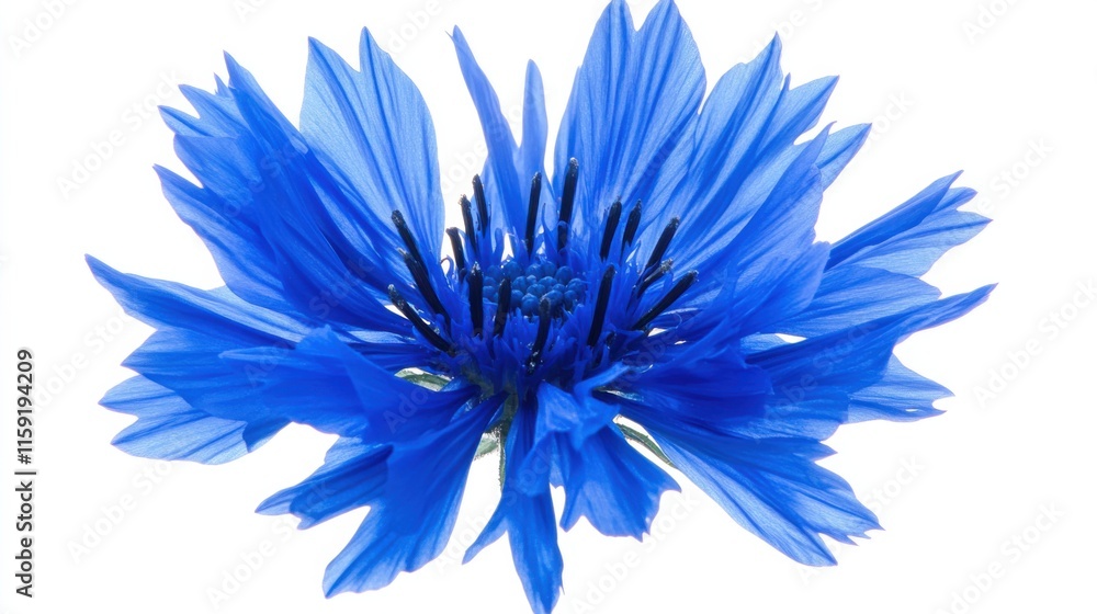 An extreme close-up of a vibrant blue cornflower with its spiky petals, isolated white background, minimalistic art style An extreme close-up of a vibrant blue cornflower with its spiky petals, isolated white background, minimalistic art style
