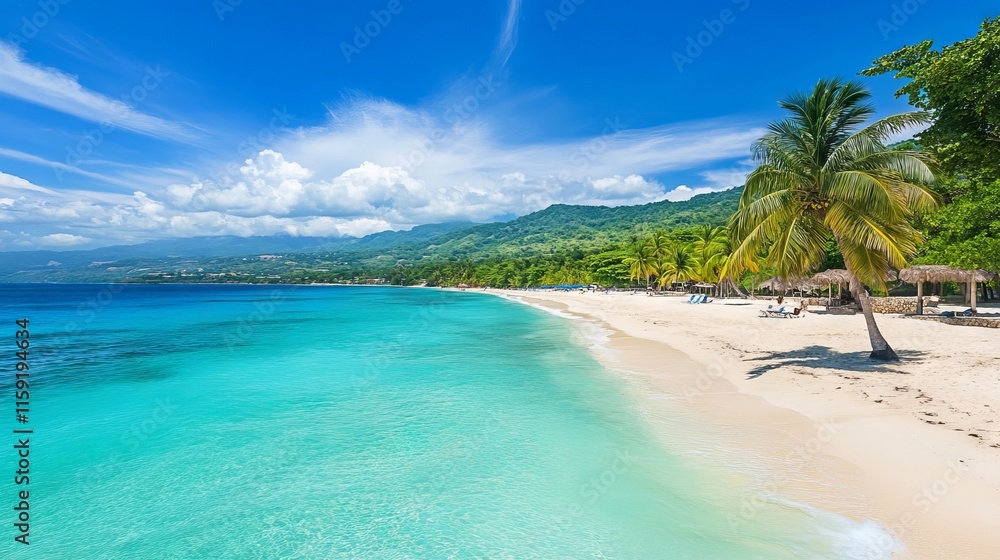 Fototapeta premium Scenic tropical beach with swaying palm trees and crystal-clear turquoise waters on the idyllic jamaica island