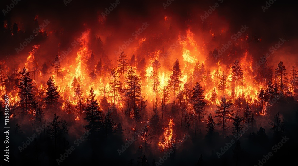 Forest in flames as wildfire rapidly spreads through trees during dry conditions Forest in flames as wildfire rapidly spreads through trees during dry conditions